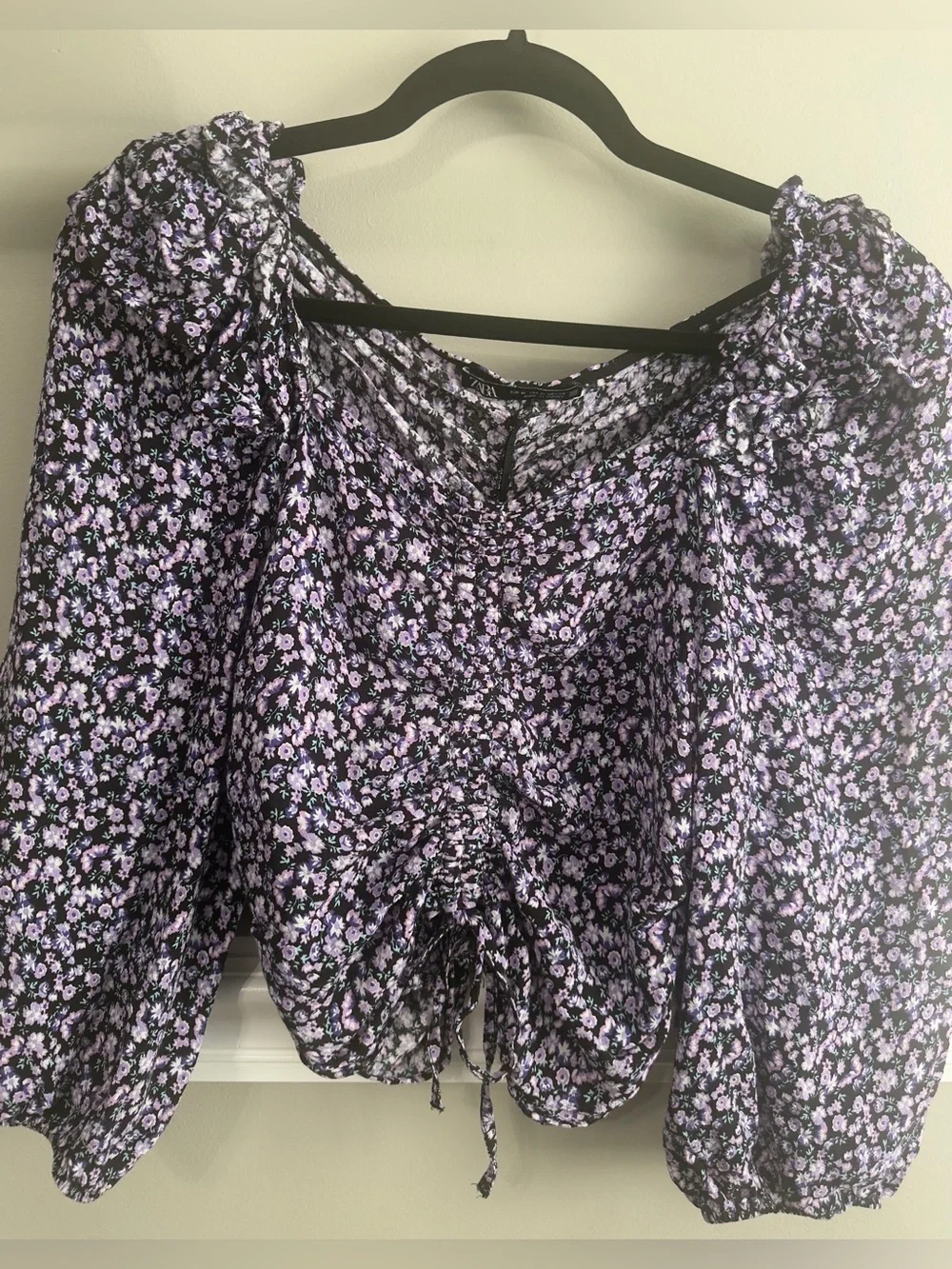 Zara Purple Floral Cottagecore Ruched Crop Top L 318